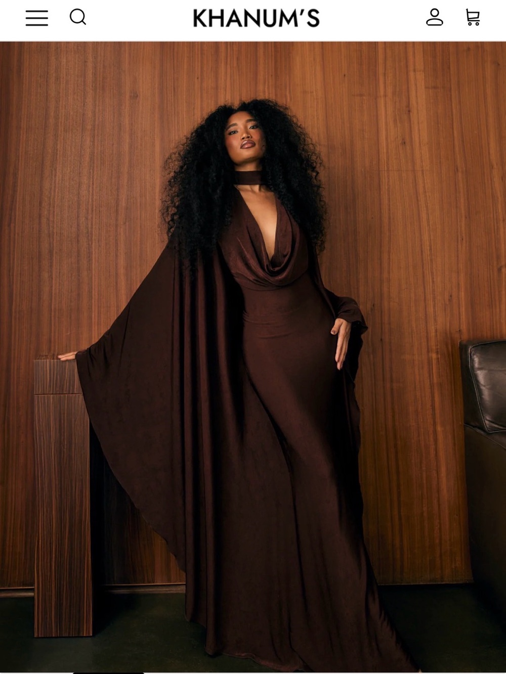 KHANUM'S Brown Cowl-Neck Maxi Dress with Dramatic Cape
